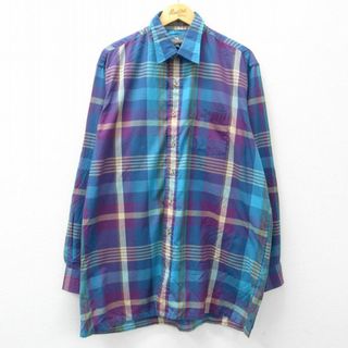 XL★古着 長袖 シャツ メンズ 90年代 90s 大きいサイズ ロング丈 紫他 パープル チェック 24feb15 中古 トップス(シャツ)