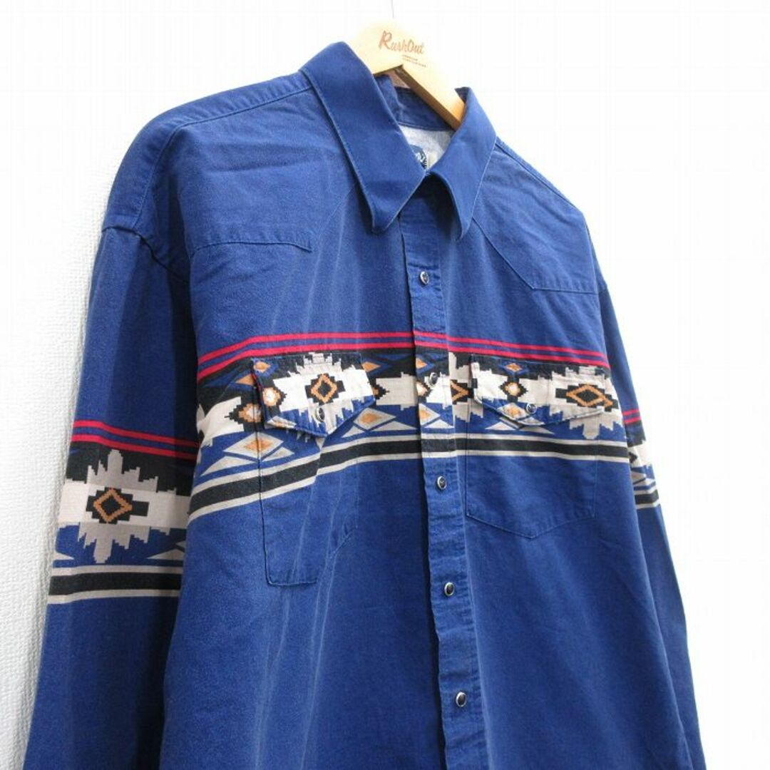 Wrangler(ラングラー)のXL★古着 ラングラー Wrangler 長袖 ウエスタン シャツ メンズ 80年代 80s ネイティブ柄 ラグ柄 大きいサイズ 紺 ネイビー 24feb15 中古 トップス メンズのトップス(シャツ)の商品写真