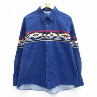 ラングラー(Wrangler)のXL★古着 ラングラー Wrangler 長袖 ウエスタン シャツ メンズ 80年代 80s ネイティブ柄 ラグ柄 大きいサイズ 紺 ネイビー 24feb15 中古 トップス(シャツ)