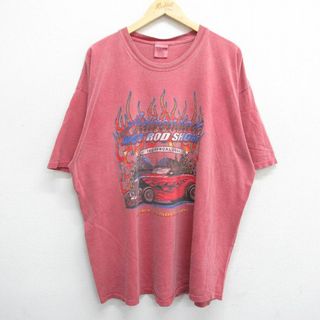 XL★古着 半袖 ビンテージ Tシャツ メンズ 00年代 00s 車 ホットロッド HOT ROD レイクジョージ ロング丈 大きいサイズ コットン クルーネック 赤 レッド 24feb14 中古(Tシャツ/カットソー(半袖/袖なし))