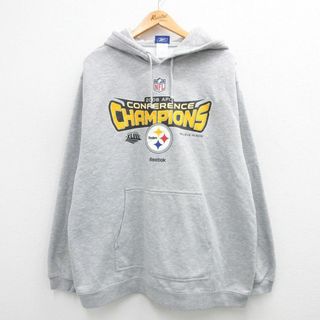 リーボック(Reebok)のXL★古着 リーボック REEBOK 長袖 スウェット パーカー メンズ 00年代 00s NFL ピッツバーグスティーラーズ 大きいサイズ グレー 霜降り アメフト スーパーボウル 24feb13 中古 スエット トレーナー トップス(パーカー)