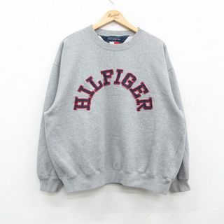 トミーヒルフィガー(TOMMY HILFIGER)のXL★古着 トミーヒルフィガー TOMMY HILFIGER 長袖 ブランド スウェット メンズ 90年代 90s ビッグロゴ 刺繍 大きいサイズ クルーネック グレー 霜降り 【spe】 24feb14 中古 スエット トレーナー トップス(パーカー)