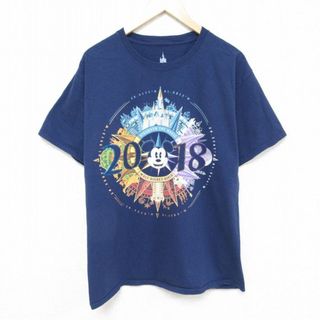 ディズニー(Disney)のL★古着 半袖 Tシャツ メンズ ディズニー DISNEY ミッキー MICKEY MOUSE コットン クルーネック 紺 ネイビー 24feb14 中古(Tシャツ/カットソー(半袖/袖なし))