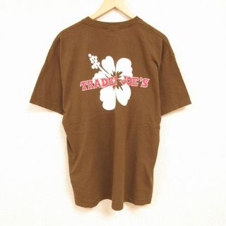 XL★古着 半袖 Tシャツ メンズ ハイビスカス 大きいサイズ コットン クルーネック こげ茶 ブラウン 24feb15 中古(Tシャツ/カットソー(半袖/袖なし))