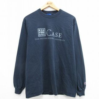 チャンピオン(Champion)のL★古着 チャンピオン champion 長袖 ビンテージ Tシャツ メンズ 00年代 00s CASE クルーネック 紺 ネイビー 24feb13 中古(Tシャツ/カットソー(半袖/袖なし))