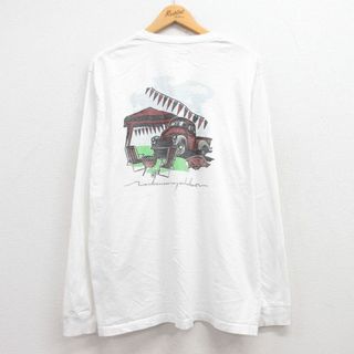 チャンピオン(Champion)のXL★古着 チャンピオン Champion 長袖 Tシャツ メンズ 車 アーカンソー 胸ポケット付き コットン クルーネック 白 ホワイト 24feb13 中古(Tシャツ/カットソー(半袖/袖なし))