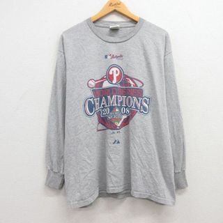 フィラ(FILA)のXL★古着 マジェスティック 長袖 ビンテージ Tシャツ メンズ 00年代 00s MLB フィラデルフィアフィリーズ クルーネック グレー 霜降り 大きいサイズ 24feb13 中古(Tシャツ/カットソー(半袖/袖なし))