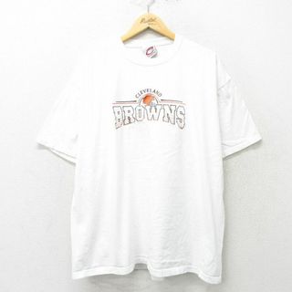 XL★古着 半袖 ビンテージ Tシャツ メンズ 90年代 90s NFL クリーブランドブラウンズ 刺繍 大きいサイズ コットン クルーネック USA製 白 ホワイト アメフト スーパーボウル 24feb13 中古(Tシャツ/カットソー(半袖/袖なし))