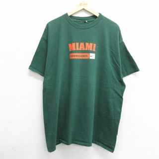 ナイキ(NIKE)のXL★古着 ナイキ NIKE 半袖 ビンテージ Tシャツ メンズ 00年代 00s ワンポイントロゴ マイアミハリケーンズ 大きいサイズ クルーネック 緑 グリーン 24feb12 中古(Tシャツ/カットソー(半袖/袖なし))