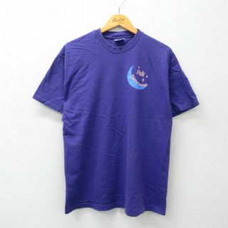 ヘインズ(Hanes)のL★古着 ヘインズ Hanes 半袖 ビンテージ Tシャツ メンズ 90年代 90s 月 ラジオ コットン クルーネック USA製 紫 パープル 24feb12 中古(Tシャツ/カットソー(半袖/袖なし))