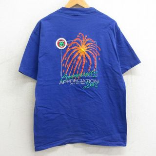 L★古着 半袖 ビンテージ Tシャツ メンズ 90年代 90s オナイダインディアンネーション 花火 コットン クルーネック USA製 青 ブルー 24feb12 中古(Tシャツ/カットソー(半袖/袖なし))