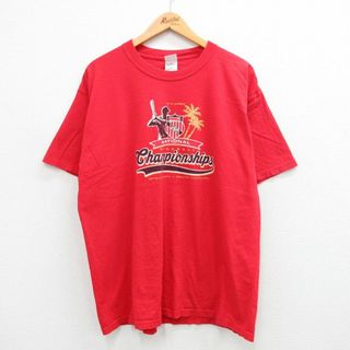 チャンピオン(Champion)のXL★古着 半袖 ビンテージ Tシャツ メンズ 00年代 00s AAU 野球 チャンピオンシップ マートルビーチ 大きいサイズ コットン クルーネック 赤 レッド 24feb13 中古(Tシャツ/カットソー(半袖/袖なし))