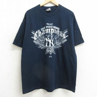 マジェスティック(Majestic)のXL★古着 マジェスティック 半袖 ビンテージ Tシャツ メンズ 00年代 00s MLB ニューヨークヤンキース コットン クルーネック 紺 ネイビー メジャーリーグ ベースボール 野球 24feb13 中古(Tシャツ/カットソー(半袖/袖なし))