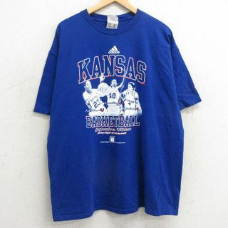 アディダス(adidas)のXL★古着 アディダス adidas 半袖 ビンテージ Tシャツ メンズ 00年代 00s ビッグロゴ バスケットボール カンザスジェイホークス 大きいサイズ ロング丈 コットン クルーネック 青 ブルー 24feb13 中古(Tシャツ/カットソー(半袖/袖なし))