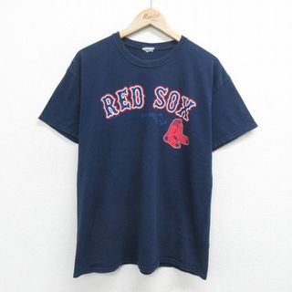 L★古着 半袖 ビンテージ Tシャツ メンズ 00年代 00s MLB ボストンレッドソックス クルーネック 紺 ネイビー メジャーリーグ ベースボール 野球 24feb14 中古(Tシャツ/カットソー(半袖/袖なし))