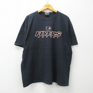 フィラ(FILA)のXL★古着 半袖 ビンテージ Tシャツ メンズ 00年代 00s NHL フィラデルフィアフライヤーズ 大きいサイズ コットン クルーネック 黒 ブラック アイスホッケー 24feb15 中古(Tシャツ/カットソー(半袖/袖なし))