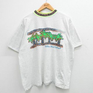 XL★古着 半袖 ビンテージ Tシャツ メンズ 90年代 90s ヤシの木 大きいサイズ コットン モックネック ハイネック USA製 薄グレー他 24feb15 中古(Tシャツ/カットソー(半袖/袖なし))