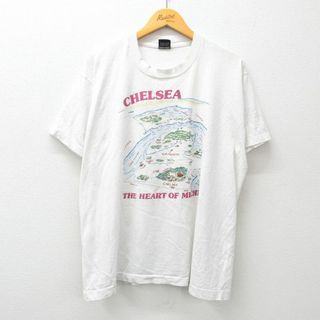 SCREEN STARS - L★古着 スクリーンスターズ 半袖 ビンテージ Tシャツ メンズ 80年代 80s チェルシー 地図 ミシガン 大きいサイズ クルーネック USA製 白 ホワイト 24feb15 中古