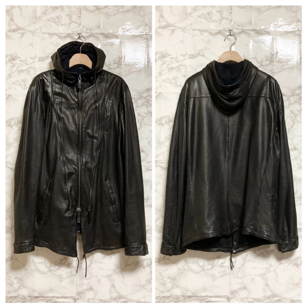 Emporio Armani(エンポリオアルマーニ)の【美品 10SS】EMPORIO ARMANI デザインジップラムレザーパーカー メンズのジャケット/アウター(レザージャケット)の商品写真