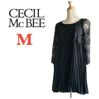 セシルマクビー(CECIL McBEE)のセシルマクビー パール ビジュー付き レース切替プリーツ チュニック ワンピース(ミニワンピース)