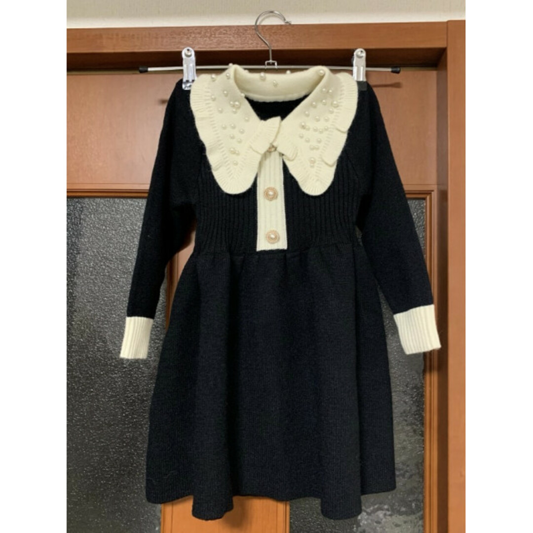  子ども 110 ビッグカラー ニットワンピース ドット パール 新品 スーツ キッズ/ベビー/マタニティのキッズ服女の子用(90cm~)(ワンピース)の商品写真