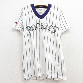 古着 ラッセル 半袖 ビンテージ Tシャツ キッズ ボーイズ 子供服 90年代 90s MLB コロラドロッキーズ Vネック USA製 白 ホワイト ストライプ メジャーリーグ ベースボール 野球 24feb20(シャツ/カットソー)