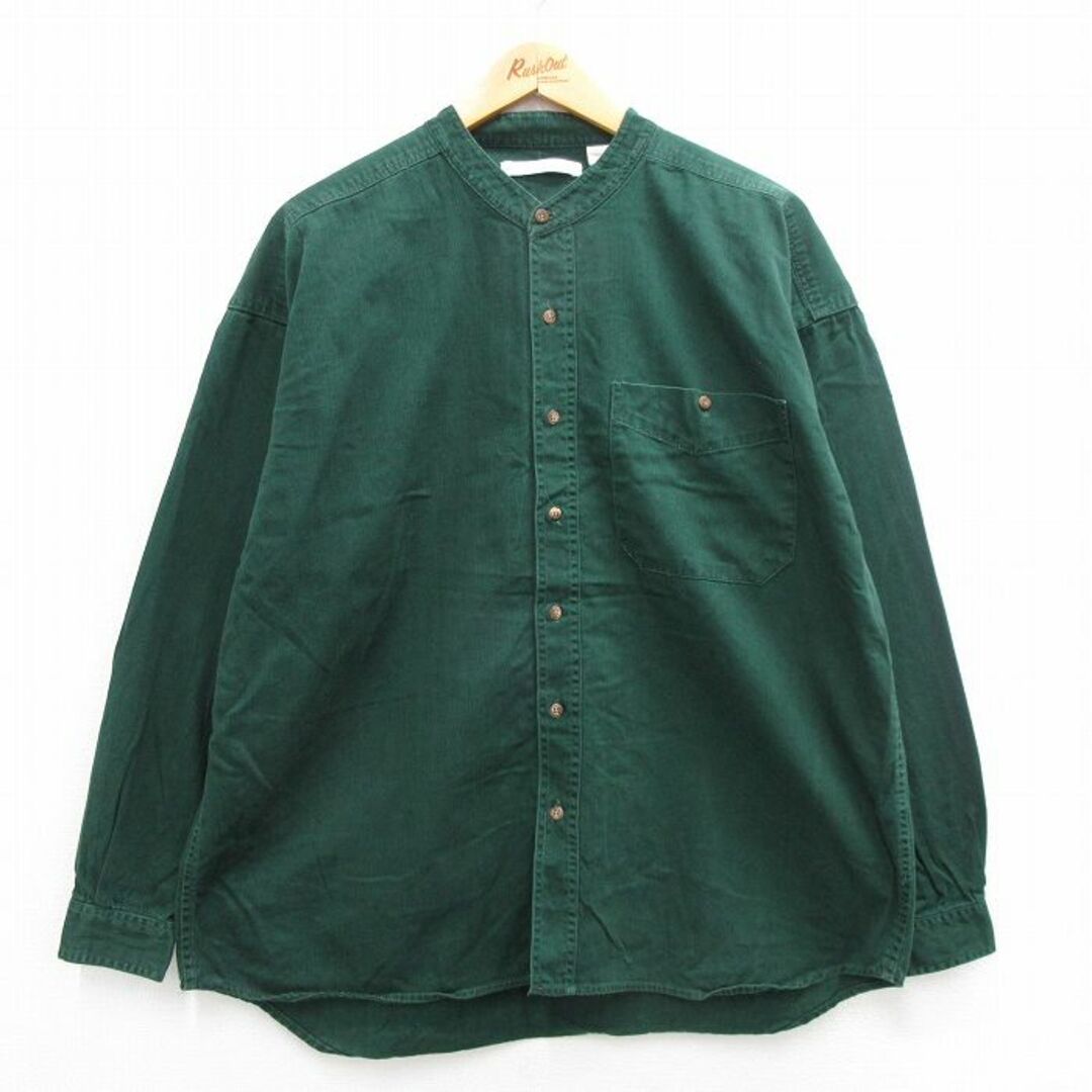 XL★古着 長袖 シャツ メンズ コットン ノーカラー 緑 グリーン 24feb20 中古 トップス メンズのトップス(シャツ)の商品写真