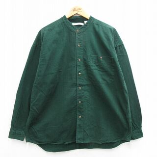 XL★古着 長袖 シャツ メンズ コットン ノーカラー 緑 グリーン 24feb20 中古 トップス(シャツ)