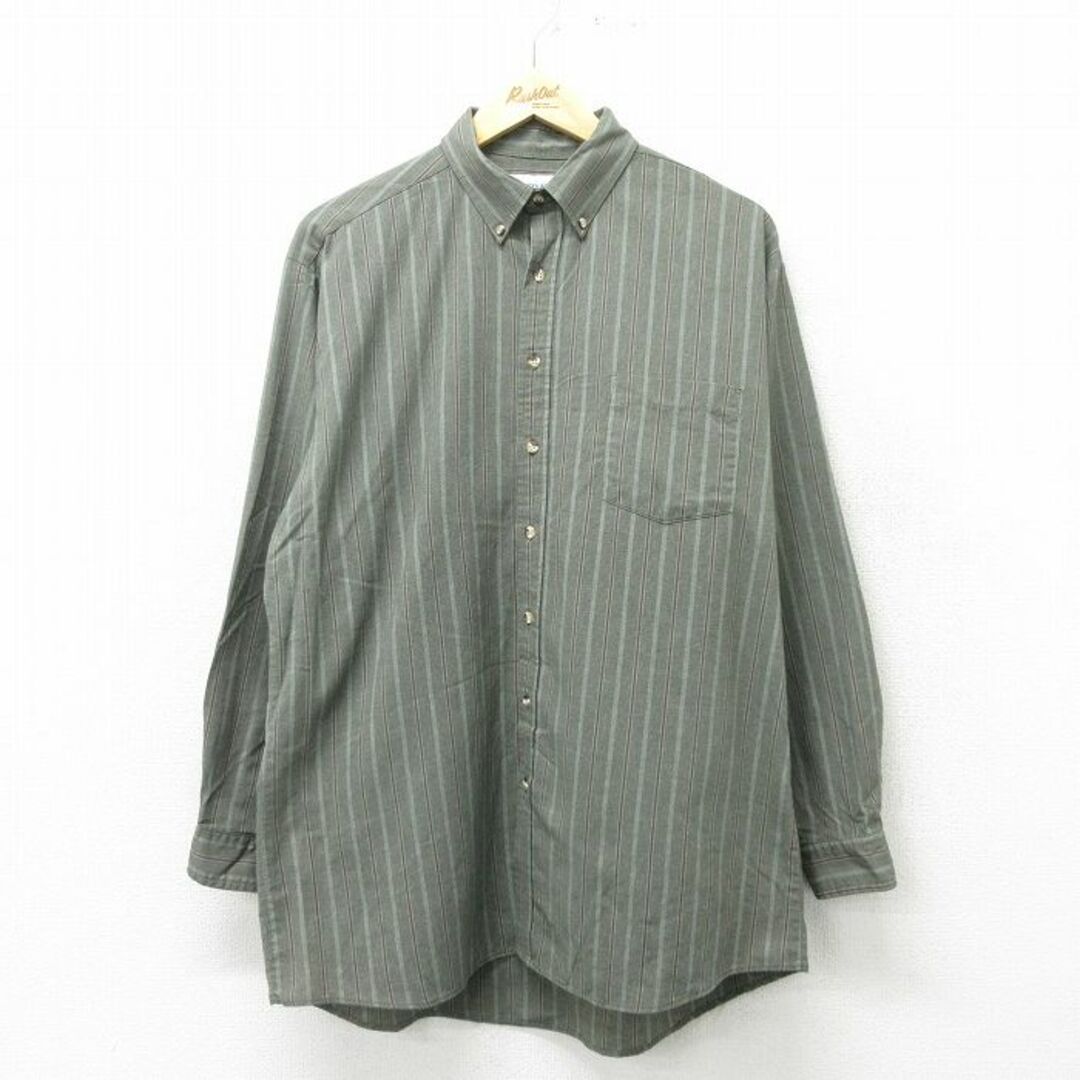 XL★古着 長袖 シャツ メンズ 大きいサイズ 濃緑他 グリーン ストライプ 24feb20 中古 トップス メンズのトップス(シャツ)の商品写真