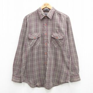 XL★古着 長袖 シャツ メンズ ロング丈 グレー他 チェック 24feb20 中古 トップス(シャツ)