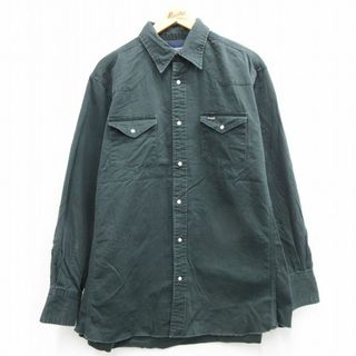 ラングラー(Wrangler)のXL★古着 ラングラー Wrangler 長袖 ウエスタン シャツ メンズ 大きいサイズ ロング丈 コットン 濃緑 グリーン 24feb16 中古 トップス(シャツ)