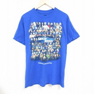 XL★古着 半袖 Tシャツ メンズ ワールドプロレスリング コットン クルーネック 青 ブルー 24feb20 中古(Tシャツ/カットソー(半袖/袖なし))