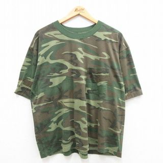 XL★古着 半袖 ビンテージ Tシャツ メンズ 00年代 00s 胸ポケット付き クルーネック 薄緑他 グリーン 迷彩 24feb17 中古(Tシャツ/カットソー(半袖/袖なし))