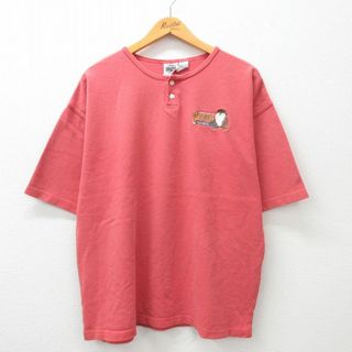 XL★古着 半袖 ビンテージ Tシャツ メンズ 90年代 90s ルーニーテューンズ LOONEY TUNES タズ 刺繍 鹿の子 大きいサイズ コットン ヘンリーネック 薄赤 レッド 24feb20 中古(Tシャツ/カットソー(半袖/袖なし))