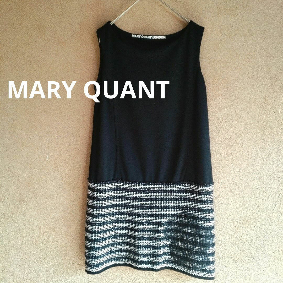 MARY QUANT(マリークワント)の美品　マリークワント　デイジー柄　ブラック×ツイード切替えワンピース　38サイズ レディースのワンピース(ひざ丈ワンピース)の商品写真