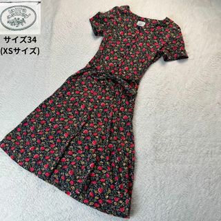 LAURA ASHLEY - ローラアシュレイ✨膝丈フラワープリントワンピース ベルトリボン付 34サイズ