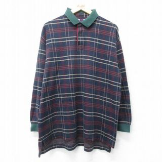 XL★古着 長袖 ポロ シャツ メンズ 大きいサイズ コットン 濃紺他 ネイビー チェック 24feb24 中古 トップス(ポロシャツ)