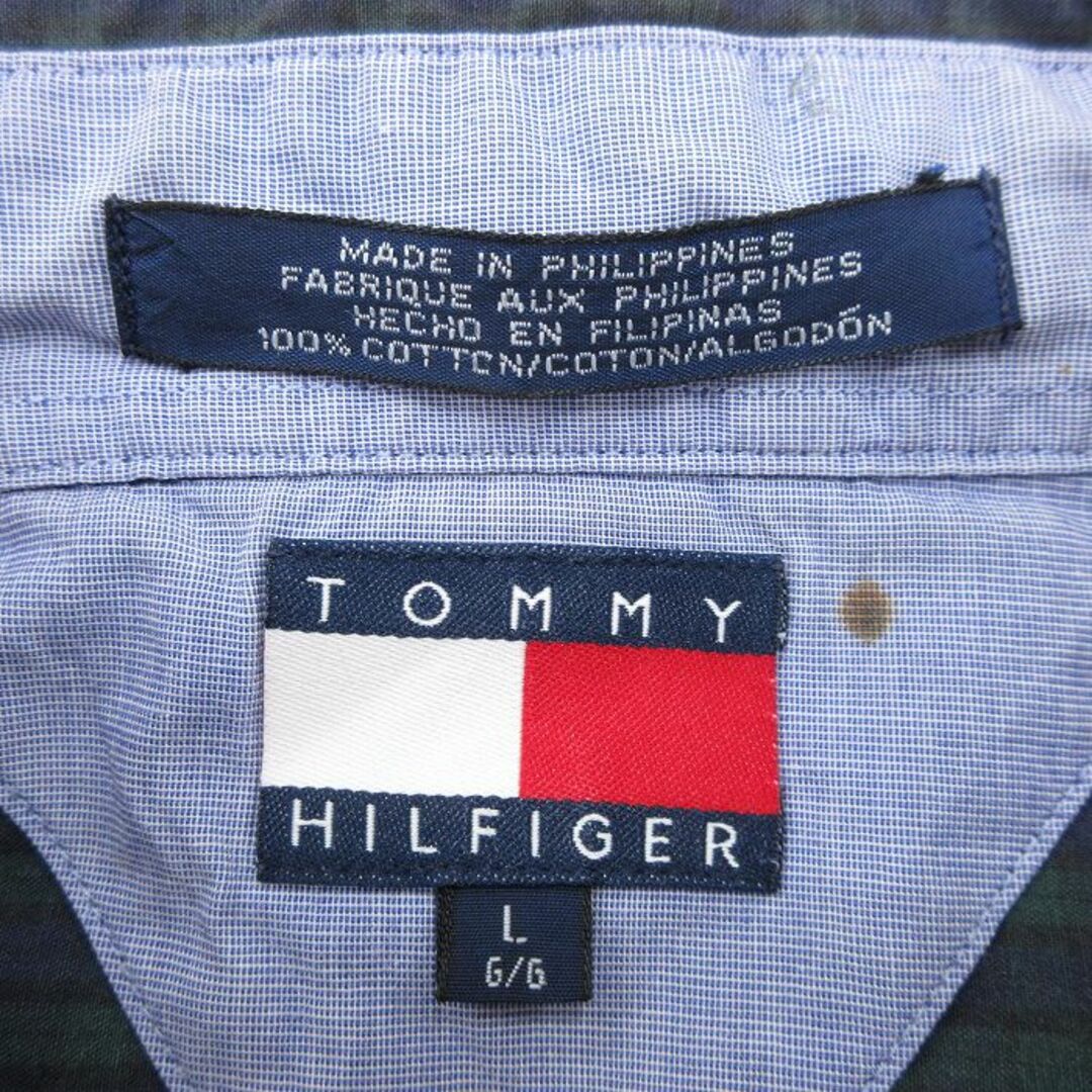 TOMMY HILFIGER(トミーヒルフィガー)のL★古着 トミーヒルフィガー TOMMY HILFIGER 半袖 ブランド シャツ メンズ 90年代 90s ワンポイントロゴ コットン ボタンダウン 緑他 グリーン チェック 24feb22 中古 トップス メンズのトップス(シャツ)の商品写真