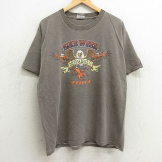 XL★古着 半袖 ビンテージ Tシャツ メンズ 00年代 00s 鳥 バイク デイトナビーチ コットン クルーネック 薄茶 ブラウン 24feb23 中古(Tシャツ/カットソー(半袖/袖なし))