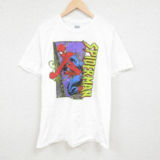 マーベル(MARVEL)のL★古着 半袖 Tシャツ メンズ マーベル スパイダーマン コットン クルーネック 白 ホワイト 24feb22 中古(Tシャツ/カットソー(半袖/袖なし))