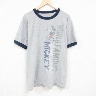 ディズニー(Disney)のXL★古着 半袖 Tシャツ メンズ ディズニー DISNEY ミッキー MICKEY MOUSE クルーネック グレー 霜降り リンガー 24feb22 中古(Tシャツ/カットソー(半袖/袖なし))