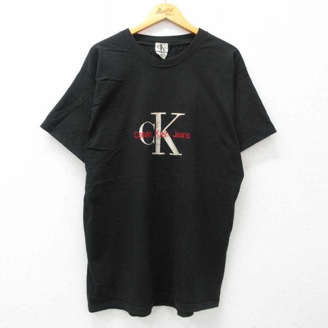 ck Calvin Klein(シーケーカルバンクライン)のXL★古着 カルバンクライン Calvin Klein 半袖 ビンテージ Tシャツ メンズ 00年代 00s ビッグロゴ 刺繍 大きいサイズ ロング丈 コットン クルーネック 黒 ブラック 24feb21 中古 メンズのトップス(Tシャツ/カットソー(半袖/袖なし))の商品写真