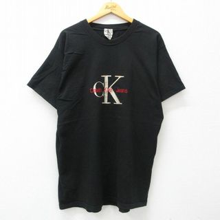 シーケーカルバンクライン(ck Calvin Klein)のXL★古着 カルバンクライン Calvin Klein 半袖 ビンテージ Tシャツ メンズ 00年代 00s ビッグロゴ 刺繍 大きいサイズ ロング丈 コットン クルーネック 黒 ブラック 24feb21 中古(Tシャツ/カットソー(半袖/袖なし))