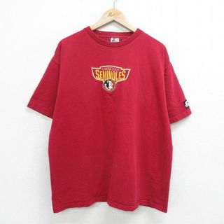 スターター(STARTER)のXL★古着 スターター STARTER 半袖 ビンテージ Tシャツ メンズ 90年代 90s フロリダステートセミノールズ アメフト 刺繍 大きいサイズ コットン クルーネック USA製 エンジ 24feb21 中古(Tシャツ/カットソー(半袖/袖なし))