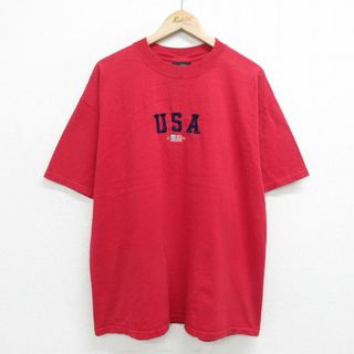 XL★古着 半袖 ビンテージ Tシャツ メンズ 00年代 00s USAロゴ 星条旗 刺繍 大きいサイズ クルーネック 赤 レッド 24feb21 中古(Tシャツ/カットソー(半袖/袖なし))