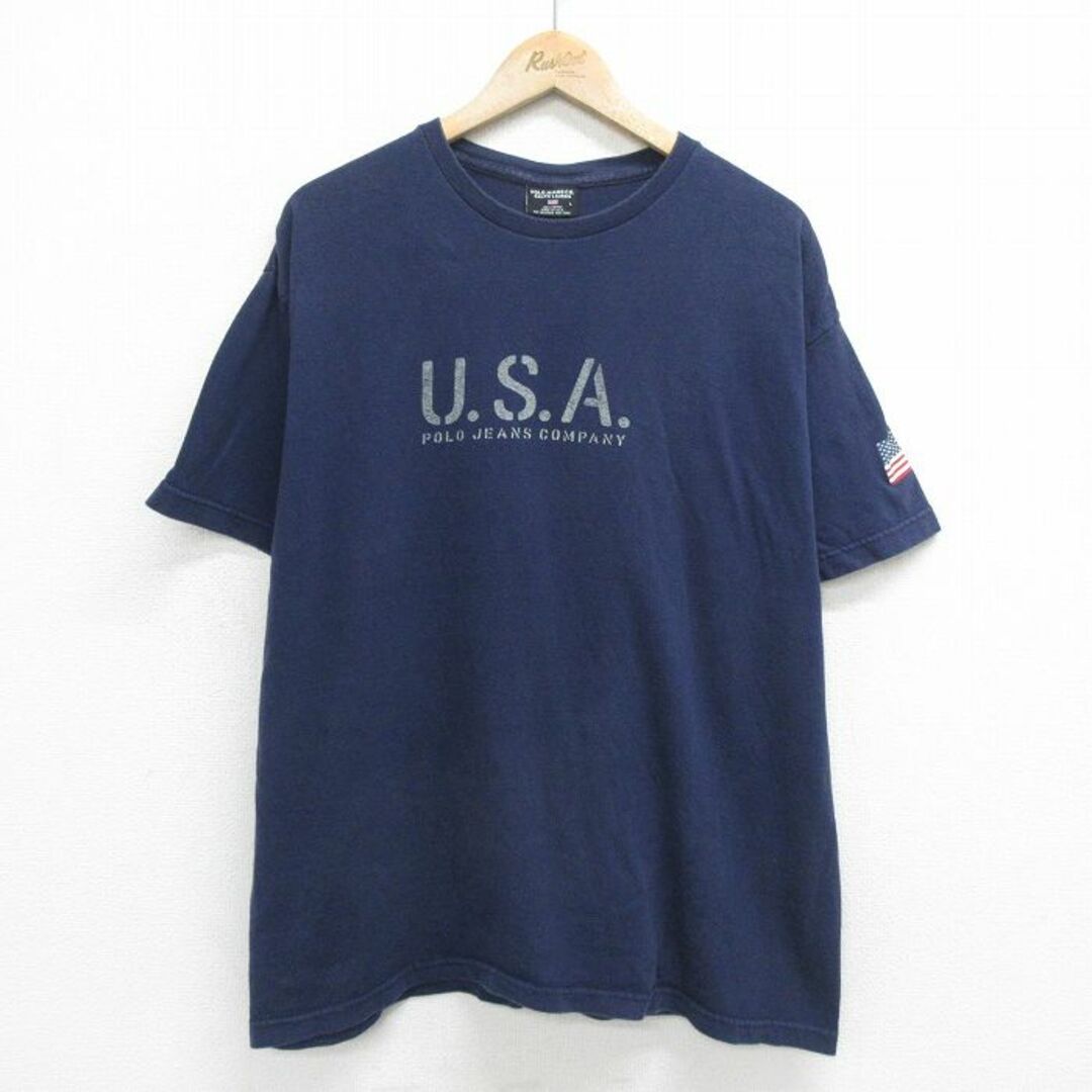 Ralph Lauren(ラルフローレン)のXL★古着 ラルフローレン Ralph Lauren ポロジーンズ 半袖 ブランド ビンテージ Tシャツ メンズ 90年代 90s USAロゴ 星条旗 大きいサイズ コットン クルーネック USA製 紺 ネイビー 24feb21 中古 メンズのトップス(Tシャツ/カットソー(半袖/袖なし))の商品写真