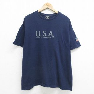 ラルフローレン(Ralph Lauren)のXL★古着 ラルフローレン Ralph Lauren ポロジーンズ 半袖 ブランド ビンテージ Tシャツ メンズ 90年代 90s USAロゴ 星条旗 大きいサイズ コットン クルーネック USA製 紺 ネイビー 24feb21 中古(Tシャツ/カットソー(半袖/袖なし))