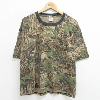 XL★古着 半袖 ビンテージ Tシャツ メンズ 90年代 90s リアルツリー 胸ポケット付き クルーネック USA製 黒他 ブラック 迷彩 24feb21 中古(Tシャツ/カットソー(半袖/袖なし))