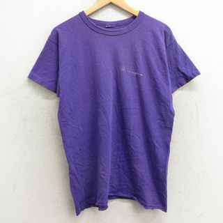 チャンピオン(Champion)のL★古着 チャンピオン champion 半袖 ビンテージ Tシャツ メンズ 90年代 90s ワンポイントロゴ クルーネック 紫 パープル 24feb22 中古(Tシャツ/カットソー(半袖/袖なし))