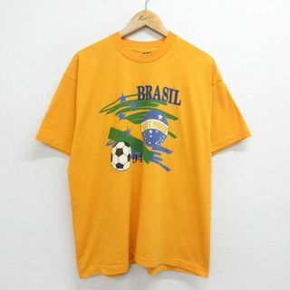 フルーツオブザルーム(FRUIT OF THE LOOM)のXL★古着 フルーツオブザルーム 半袖 ビンテージ Tシャツ メンズ 90年代 90s サッカー ブラジル 大きいサイズ クルーネック USA製 黄 イエロー 24feb22 中古(Tシャツ/カットソー(半袖/袖なし))